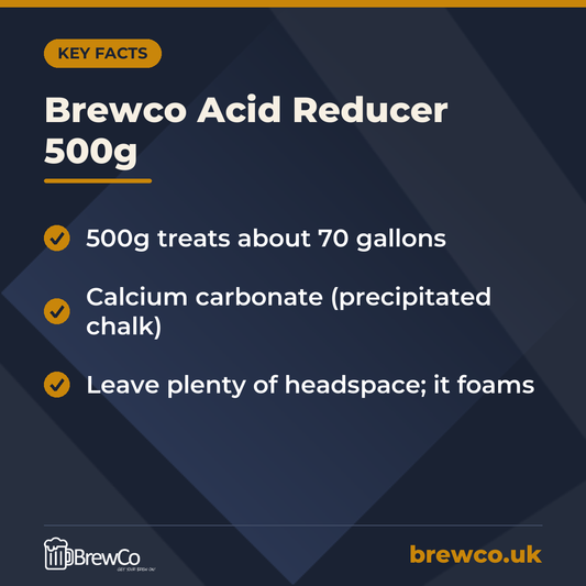 Brewco Acid Reducer 500g key facts: 500g treats about 70 gallons, calcium carbonate (precipitated chalk), leave plenty of headspace; it foams