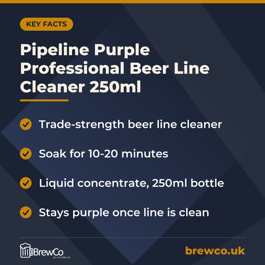 Pipeline Purple Professional Beer Line Cleaner 250ml key facts: trade-strength beer line cleaner, soak for 10-20 minutes, liquid concentrate, 250ml bottle