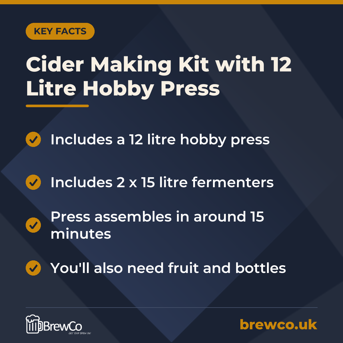 Cider Making Kit with 12 Litre Hobby Press key facts: includes a 12 litre hobby press, includes 2 x 15 litre fermenters, press assembles in around 15 minutes