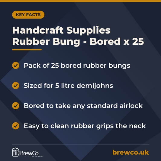 Handcraft Supplies Rubber Bung - Bored x 25 key facts: pack of 25 bored rubber bungs, sized for 5 litre demijohns, bored to take any standard airlock