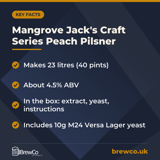 Mangrove Jack's Craft Series Peach Pilsner key facts: makes 23 litres (40 pints), about 4.5% ABV, in the box: extract, yeast, instructions