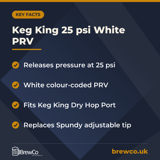 Keg King 25 psi White PRV key facts: releases pressure at 25 psi, white colour-coded PRV, fits Keg King Dry Hop Port