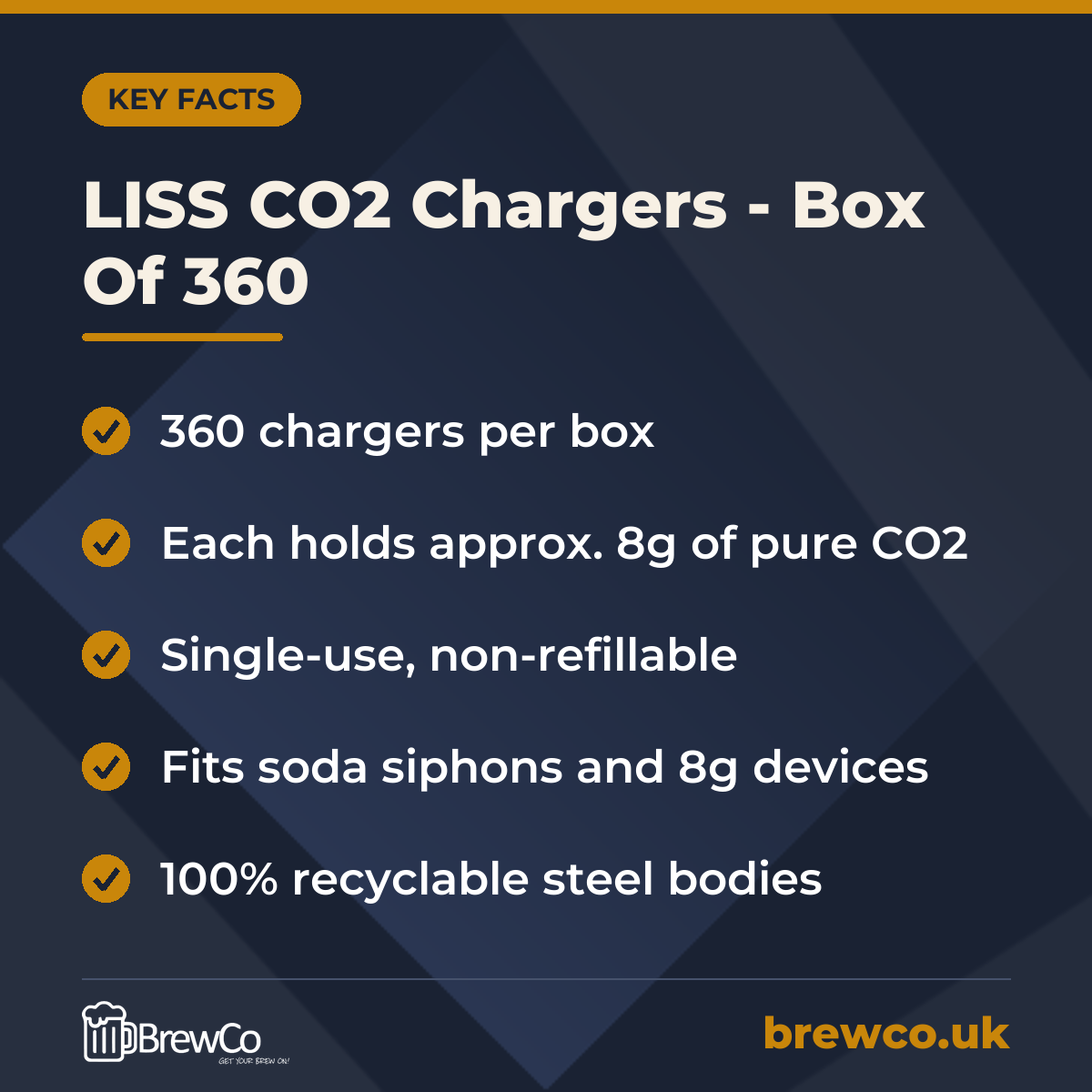 LISS CO2 Chargers - Box Of 360 key facts: 360 chargers per box, each holds approx. 8g of pure CO2, single-use, non-refillable