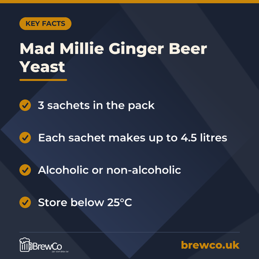 Mad Millie Ginger Beer Yeast key facts: 3 sachets in the pack, each sachet makes up to 4.5 litres, alcoholic or non-alcoholic