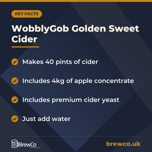 WobblyGob Golden Sweet Cider key facts: makes 40 pints of cider, includes 4kg of apple concentrate, includes premium cider yeast
