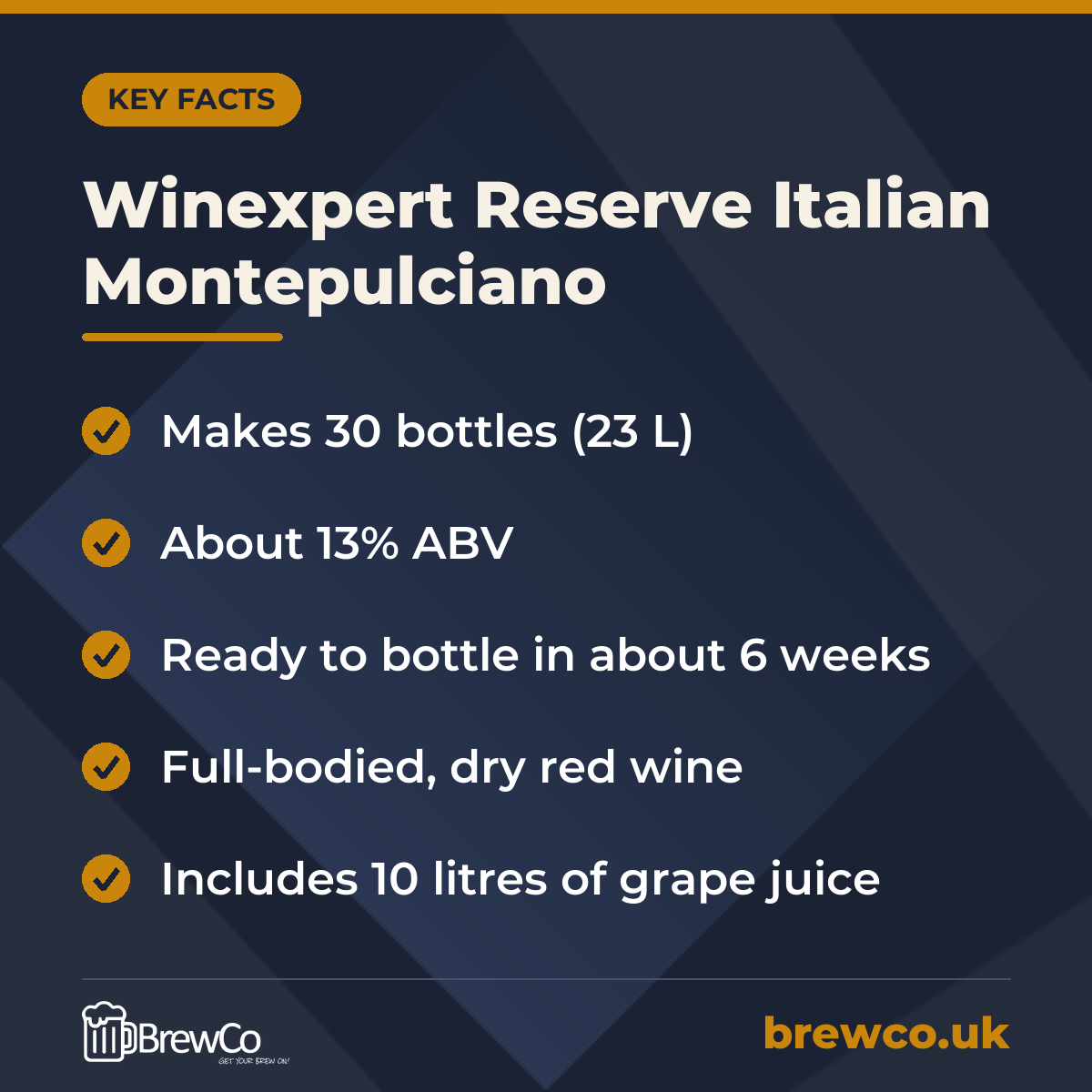 Winexpert Reserve Italian Montepulciano key facts: makes 30 bottles (23 L), about 13% ABV, ready to bottle in about 6 weeks