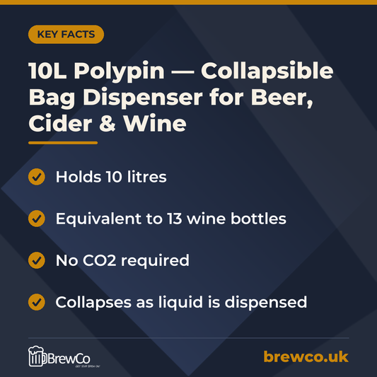 10L Polypin — Collapsible Bag Dispenser for Beer, Cider & Wine key facts: holds 10 litres, equivalent to 13 wine bottles, no CO2 required
