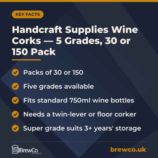 Handcraft Supplies Wine Corks — 5 Grades, 30 or 150 Pack key facts: packs of 30 or 150, five grades available, fits standard 750ml wine bottles