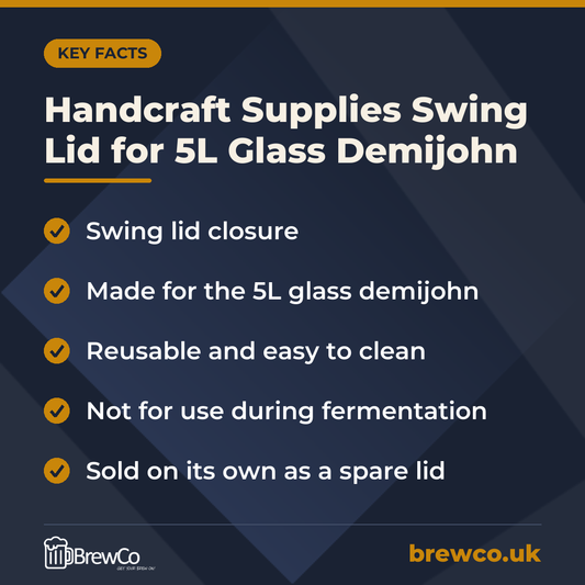 Handcraft Supplies Swing Lid for 5L Glass Demijohn key facts: swing lid closure, made for the 5L glass demijohn, reusable and easy to clean