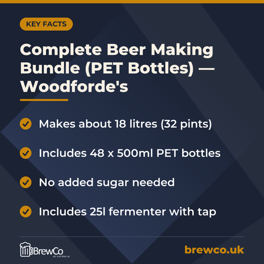 Complete Beer Making Bundle (PET Bottles) — Woodforde's key facts: makes about 18 litres (32 pints), includes 48 x 500ml PET bottles, no added sugar needed