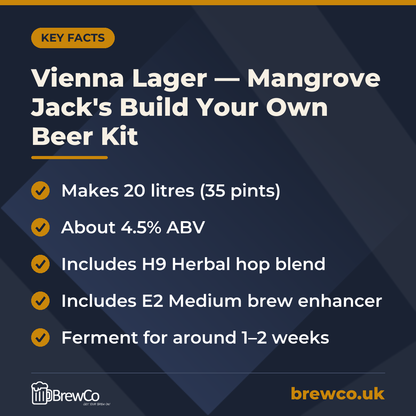 Vienna Lager — Mangrove Jack's Build Your Own Beer Kit | Makes 35 Pints key facts: makes 20 litres (35 pints), about 4.5% ABV, includes H9 Herbal hop blend