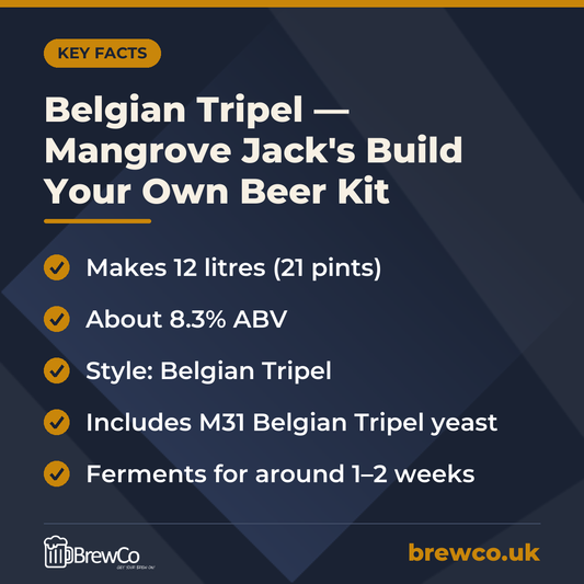Belgian Tripel — Mangrove Jack's Build Your Own Beer Kit | Makes 21 Pints key facts: makes 12 litres (21 pints), about 8.3% ABV, style: Belgian Tripel