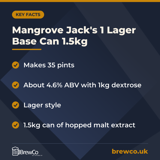 Mangrove Jack's 1 Lager Base Can 1.5kg | Make Your Own Beer Kit key facts: makes 35 pints, about 4.6% ABV with 1kg dextrose, lager style
