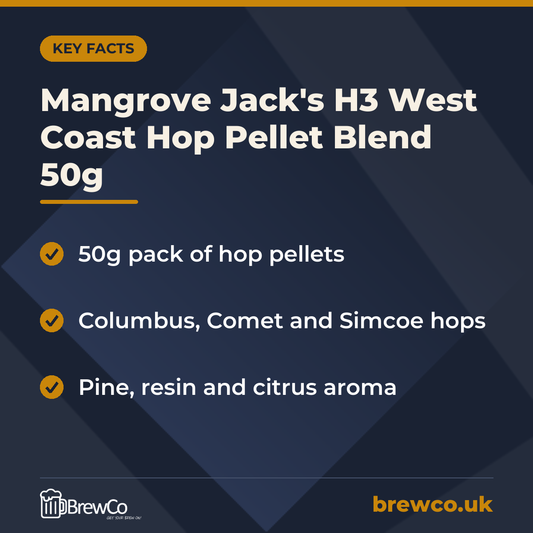 Mangrove Jack's H3 West Coast Hop Pellet Blend 50g | Make Your Own key facts: 50g pack of hop pellets, columbus, Comet and Simcoe hops, pine, resin and citrus aroma