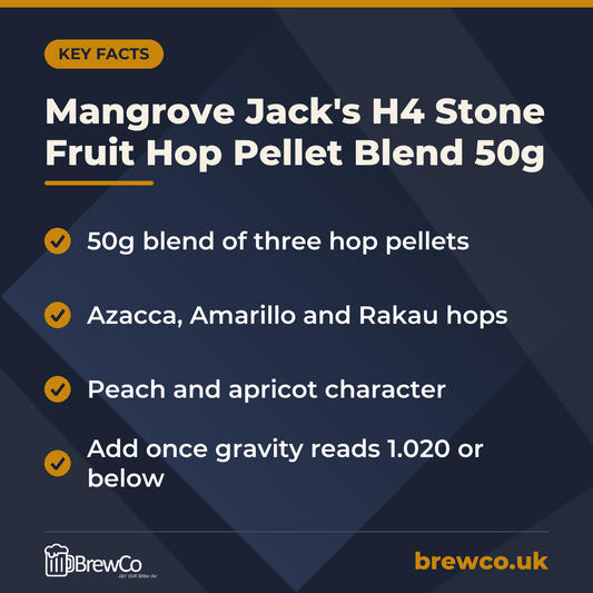 Mangrove Jack's H4 Stone Fruit Hop Pellet Blend 50g | Make Your Own key facts: 50g blend of three hop pellets, azacca, Amarillo and Rakau hops, peach and apricot character