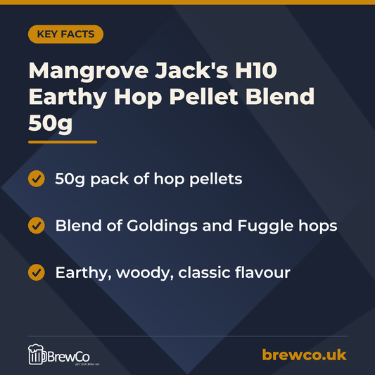 Mangrove Jack's H10 Earthy Hop Pellet Blend 50g | Make Your Own key facts: 50g pack of hop pellets, blend of Goldings and Fuggle hops, earthy, woody, classic flavour