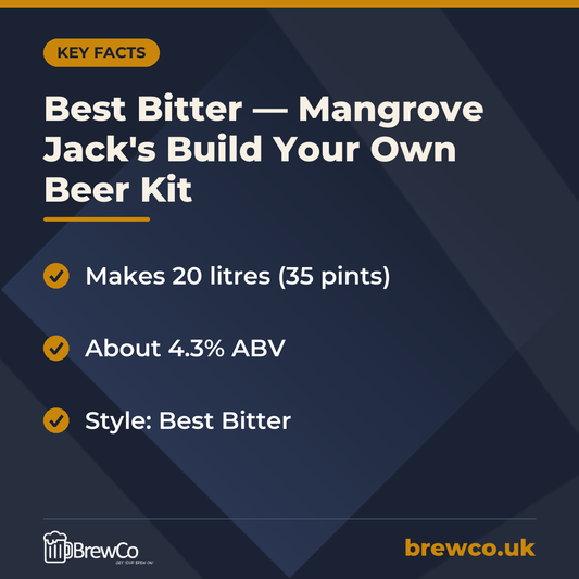 Best Bitter — Mangrove Jack's Build Your Own Beer Kit | Makes 35 Pints key facts: makes 20 litres (35 pints), about 4.3% ABV, style: Best Bitter