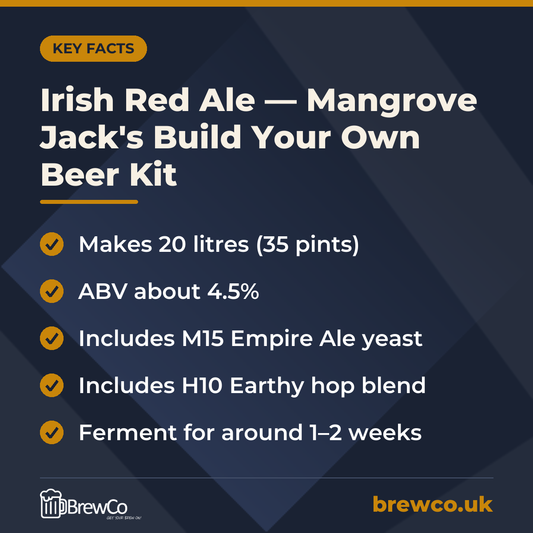Irish Red Ale — Mangrove Jack's Build Your Own Beer Kit | Makes 35 Pints key facts: makes 20 litres (35 pints), ABV about 4.5%, includes M15 Empire Ale yeast