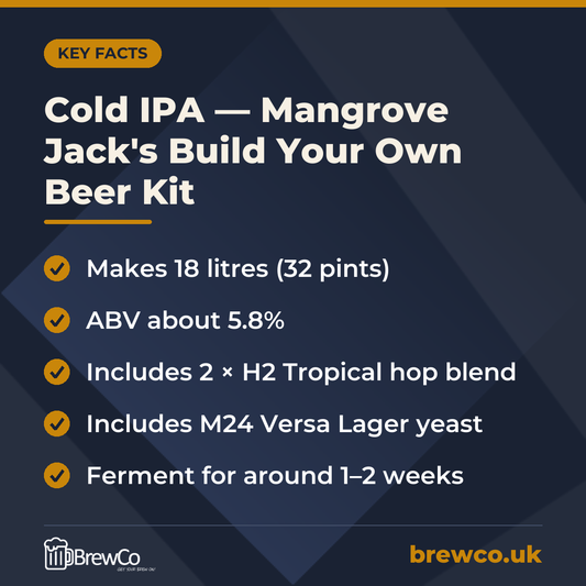 Cold IPA — Mangrove Jack's Build Your Own Beer Kit | Makes 32 Pints key facts: makes 18 litres (32 pints), ABV about 5.8%, includes 2 × H2 Tropical hop blend