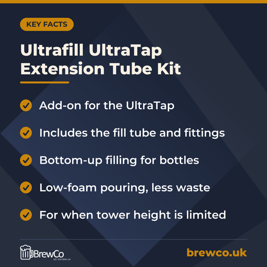 Ultrafill UltraTap Extension Tube Kit key facts: add-on for the UltraTap, includes the fill tube and fittings, bottom-up filling for bottles