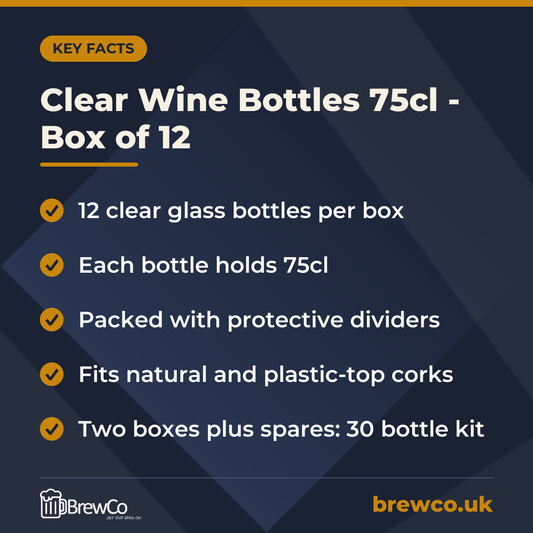 Clear Wine Bottles 75cl - Box of 12 – key facts