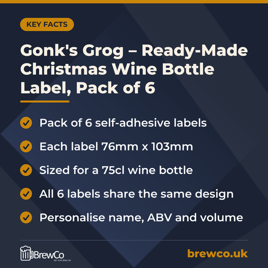 Gonk's Grog – Ready-Made Christmas Wine Bottle Label, Pack of 6 key facts: pack of 6 self-adhesive labels, each label 76mm x 103mm, sized for a 75cl wine bottle