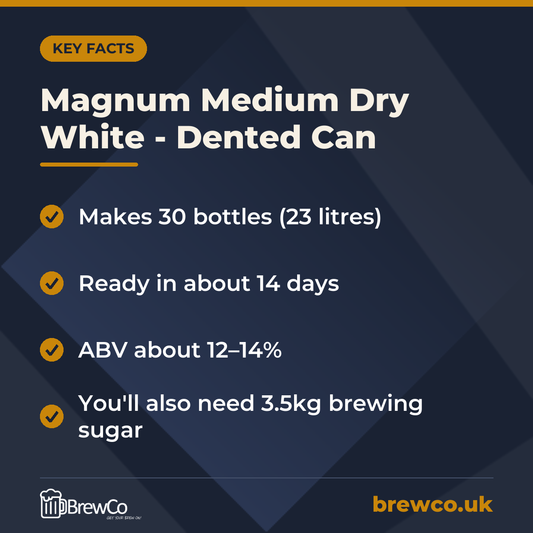 Magnum Medium Dry White - Dented Can key facts: makes 30 bottles (23 litres), ready in about 14 days, ABV about 12–14%