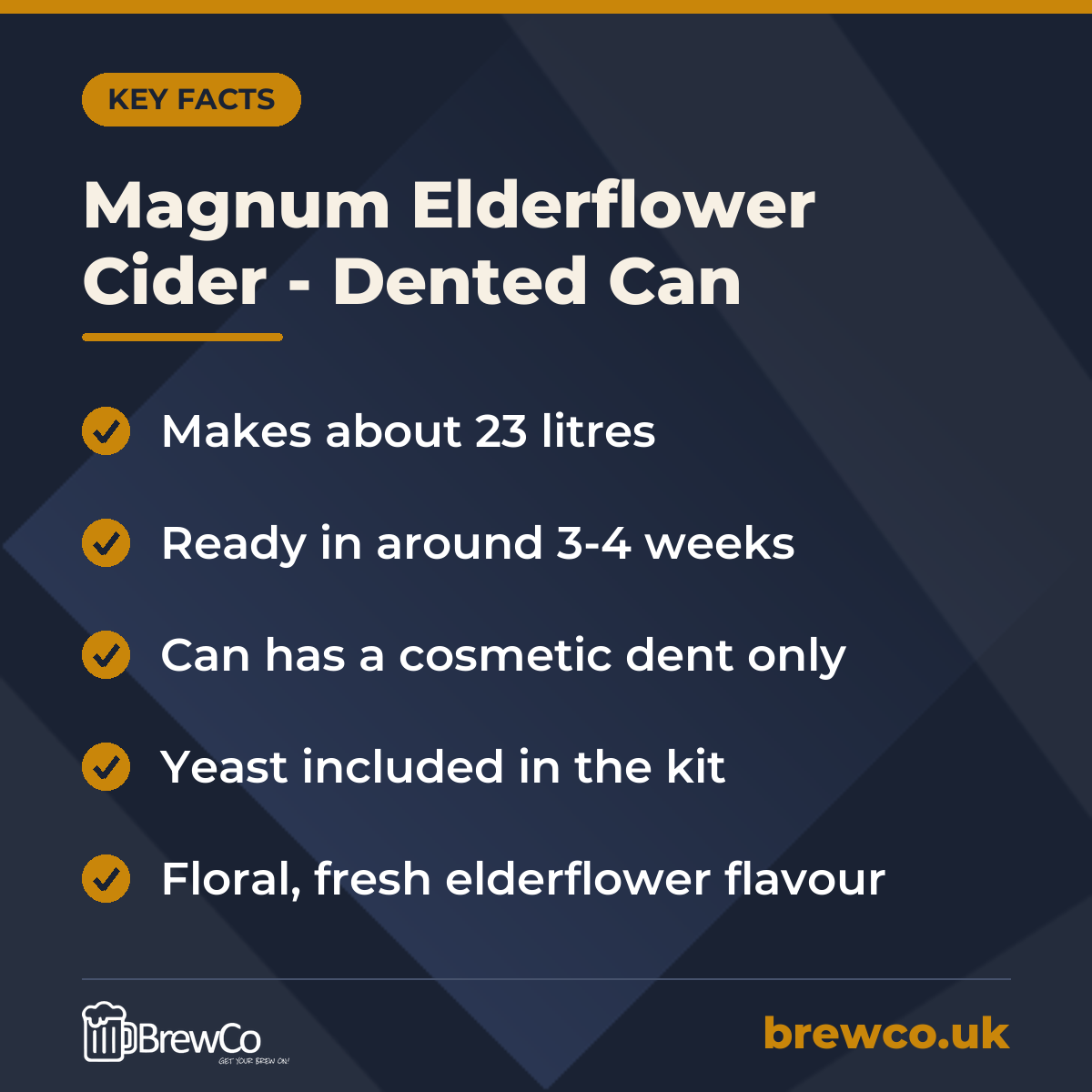 Magnum Elderflower Cider - Dented Can key facts: makes about 23 litres, ready in around 3-4 weeks, can has a cosmetic dent only