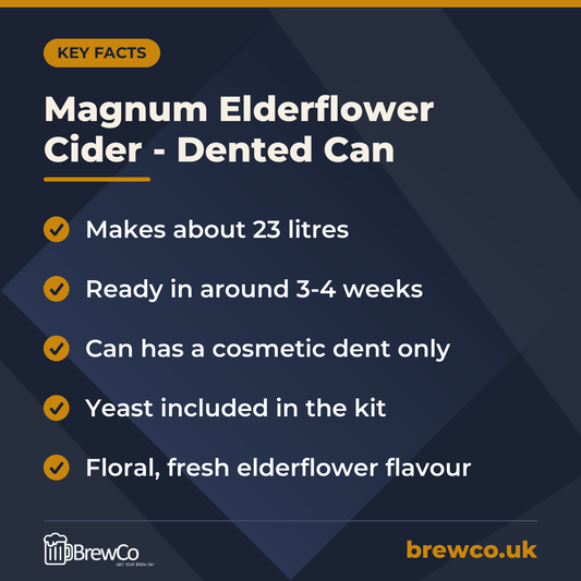 Magnum Elderflower Cider - Dented Can key facts: makes about 23 litres, ready in around 3-4 weeks, can has a cosmetic dent only