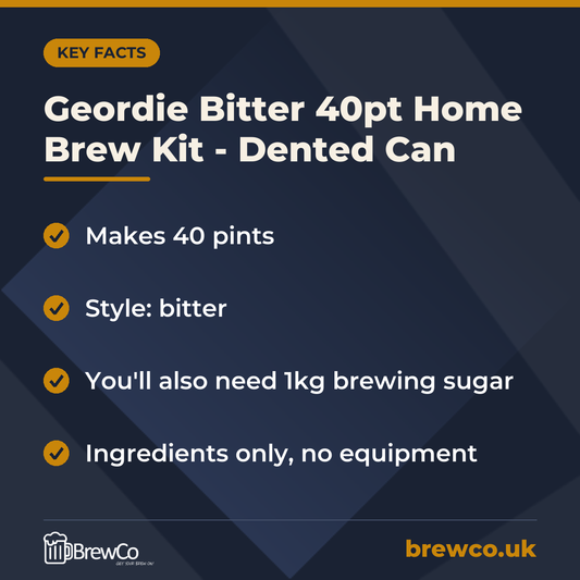 Geordie Bitter 40pt Home Brew Kit - Dented Can key facts: makes 40 pints, style: bitter, you'll also need 1kg brewing sugar