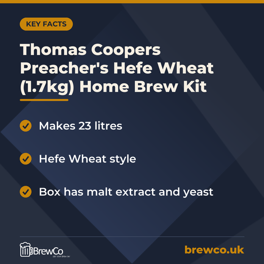 Thomas Coopers Preacher's Hefe Wheat (1.7kg) Home Brew Kit key facts: makes 23 litres, hefe Wheat style, box has malt extract and yeast