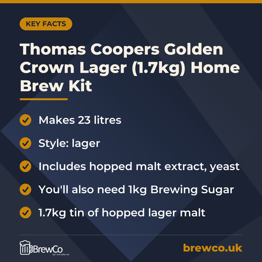 Thomas Coopers Golden Crown Lager (1.7kg) Home Brew Kit key facts: makes 23 litres, style: lager, includes hopped malt extract, yeast