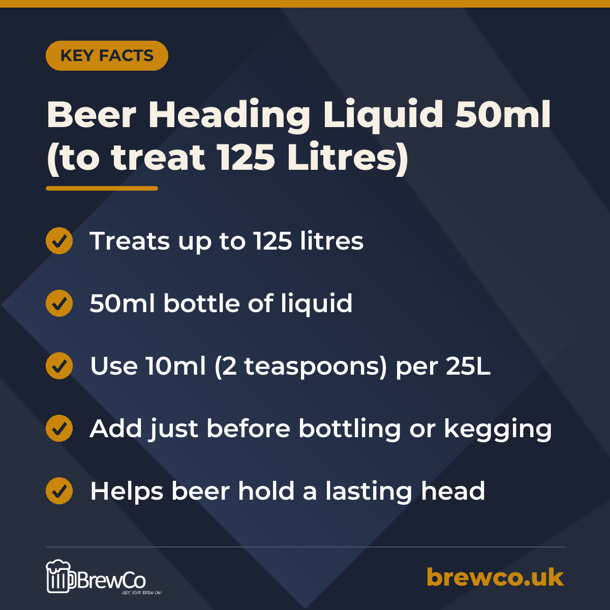 Beer Heading Liquid 50ml (to treat 125 Litres) – key facts