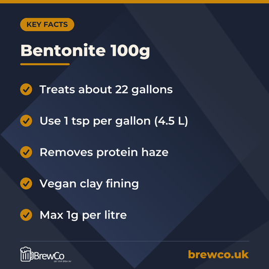 Bentonite 100g key facts: treats about 22 gallons, use 1 tsp per gallon (4.5 L), removes protein haze