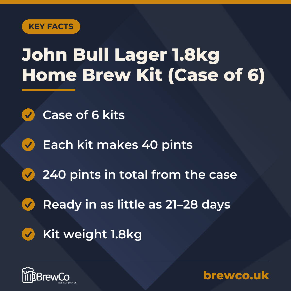 John Bull Lager 1.8kg Home Brew Kit (Case of 6) – key facts