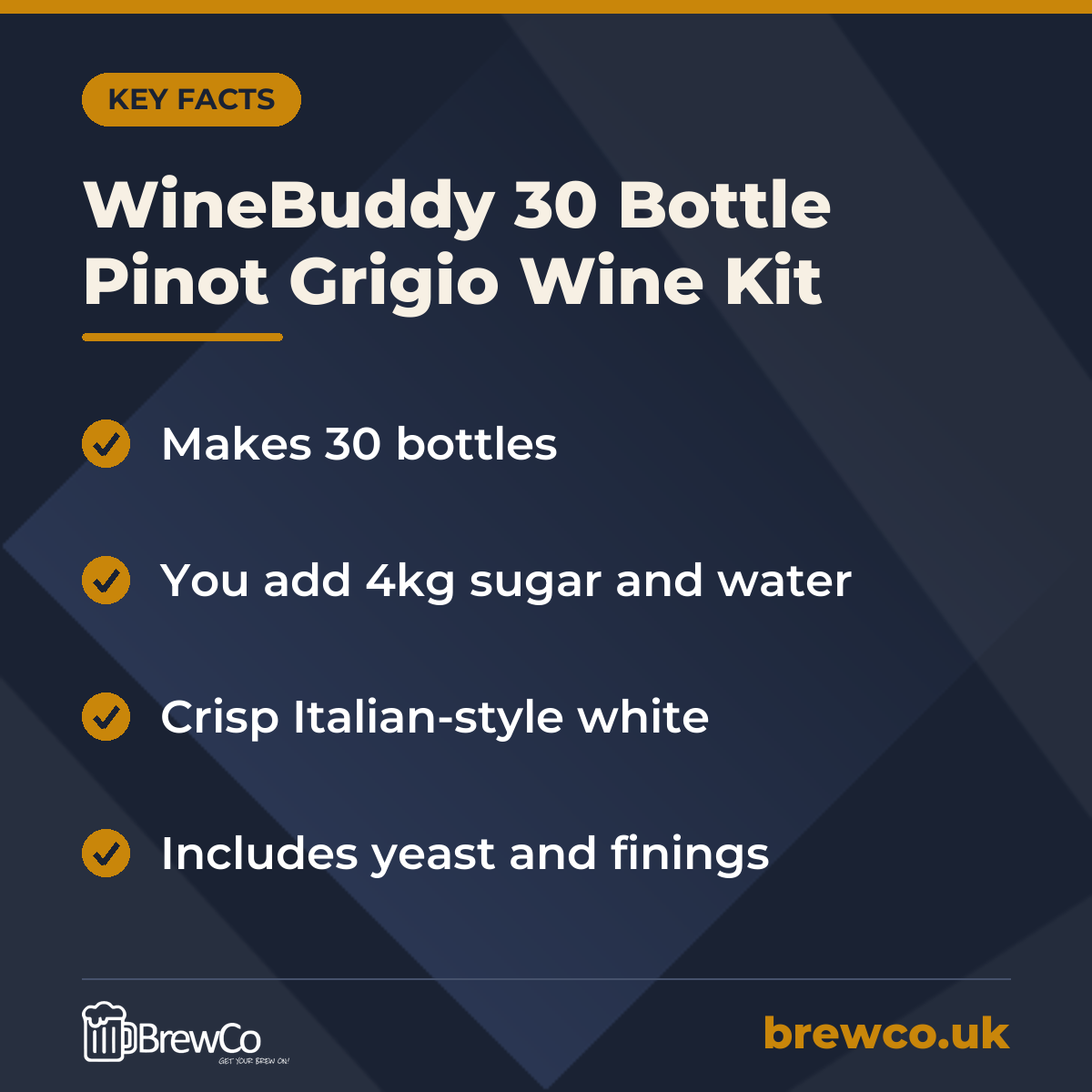 WineBuddy 30 Bottle Pinot Grigio Wine Kit – key facts
