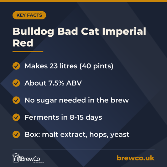 Bulldog Bad Cat Imperial Red key facts: makes 23 litres (40 pints), about 7.5% ABV, no sugar needed in the brew