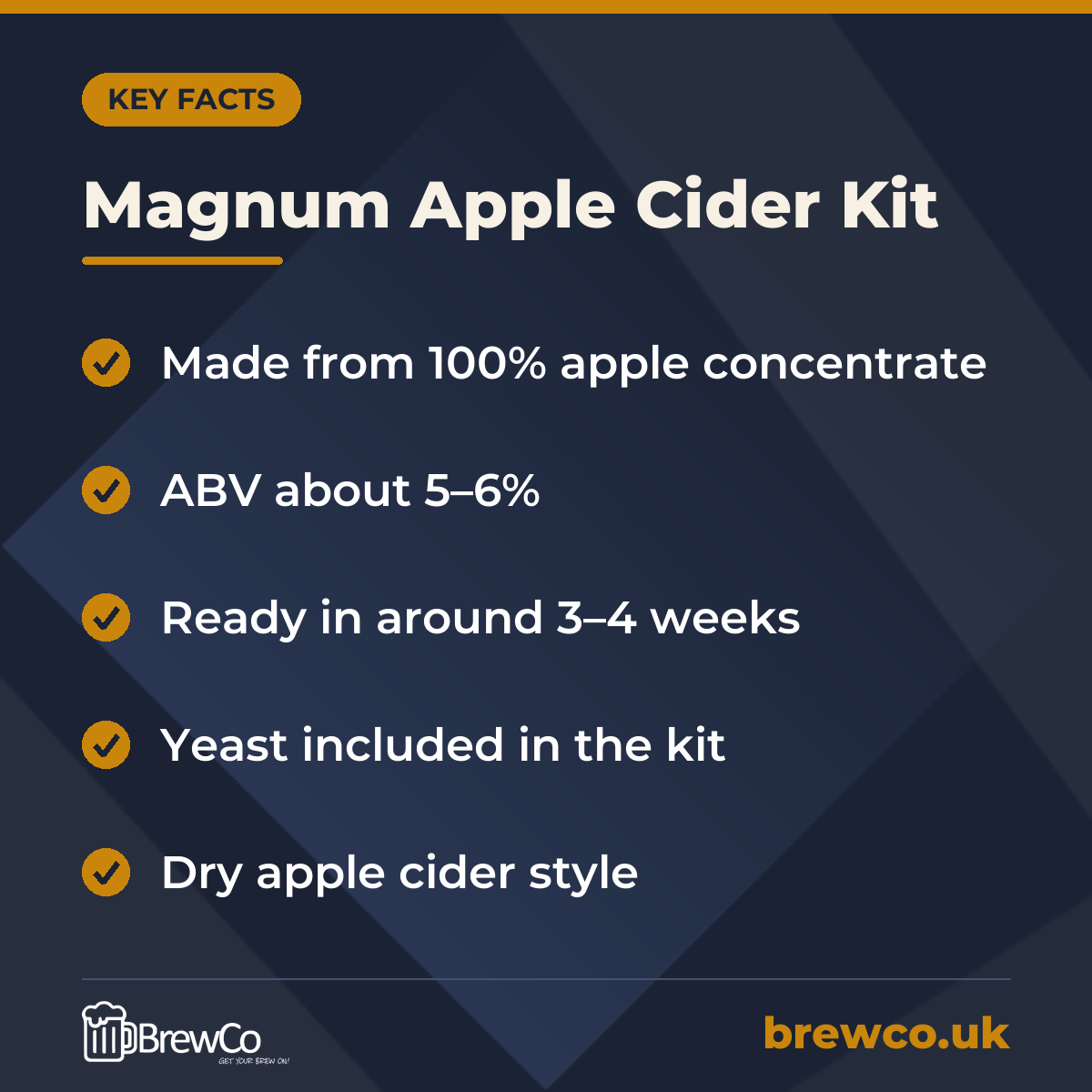 Magnum Apple Cider Kit key facts: made from 100% apple concentrate, ABV about 5–6%, ready in around 3–4 weeks