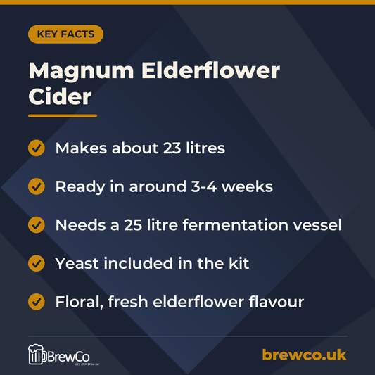 Magnum Elderflower Cider key facts: makes about 23 litres, ready in around 3-4 weeks, needs a 25 litre fermentation vessel
