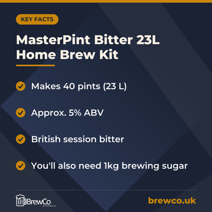 MasterPint Bitter 23L Home Brew Kit key facts: makes 40 pints (23 L), approx. 5% ABV, british session bitter
