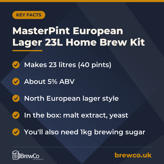 MasterPint European Lager 23L Home Brew Kit key facts: makes 23 litres (40 pints), about 5% ABV, north European lager style