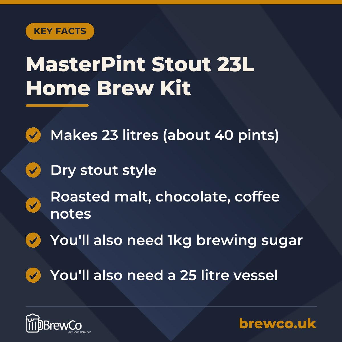 MasterPint Stout 23L Home Brew Kit – key facts