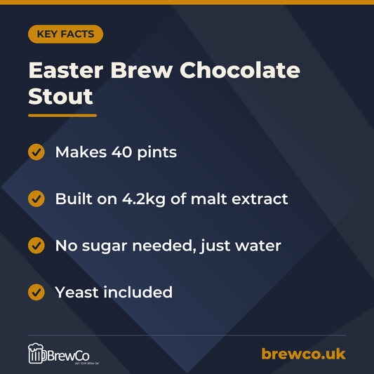Easter Brew Chocolate Stout key facts: makes 40 pints, built on 4.2kg of malt extract, no sugar needed, just water