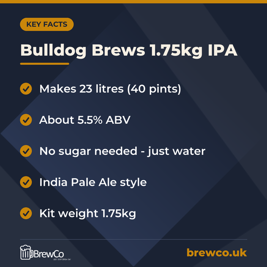 Bulldog Brews 1.75kg IPA key facts: makes 23 litres (40 pints), about 5.5% ABV, no sugar needed - just water