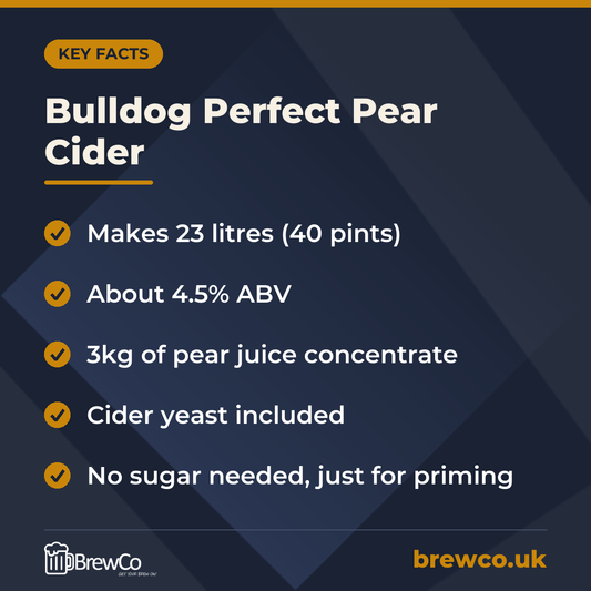 Bulldog Perfect Pear Cider key facts: makes 23 litres (40 pints), about 4.5% ABV, 3kg of pear juice concentrate