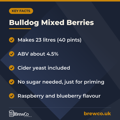 Bulldog Mixed Berries key facts: makes 23 litres (40 pints), ABV about 4.5%, cider yeast included