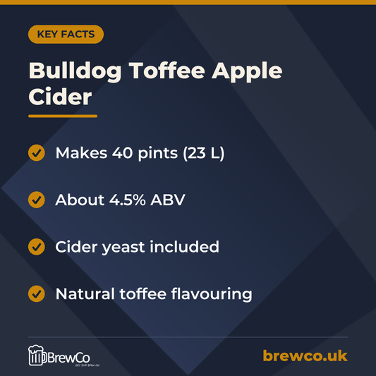 Bulldog Toffee Apple Cider key facts: makes 40 pints (23 L), about 4.5% ABV, cider yeast included