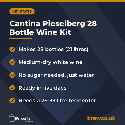 Cantina Pieselberg 28 Bottle Wine Kit key facts: makes 28 bottles (21 litres), medium-dry white wine, no sugar needed, just water