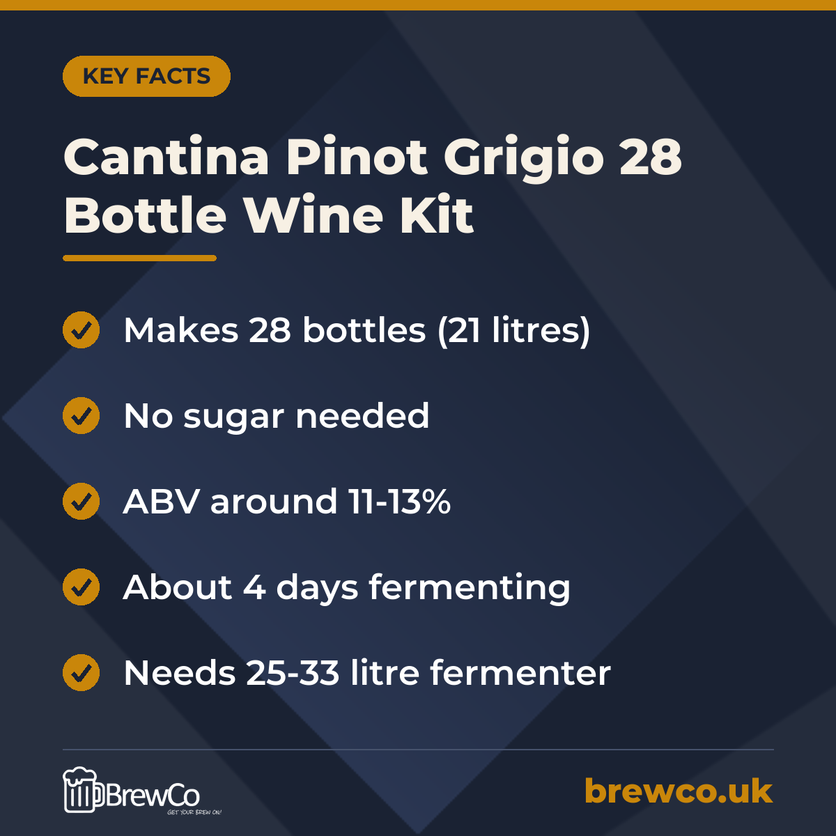 Cantina Pinot Grigio 28 Bottle Wine Kit – key facts