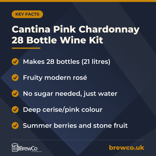 Cantina Pink Chardonnay 28 Bottle Wine Kit key facts: makes 28 bottles (21 litres), fruity modern rosé, no sugar needed, just water